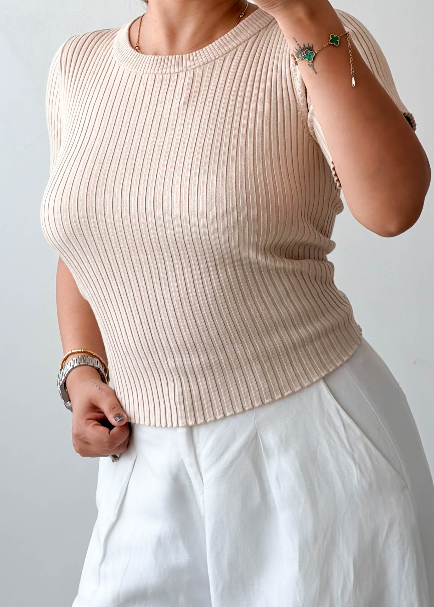 Size L-XL Beige Open Back Ribbed Top
