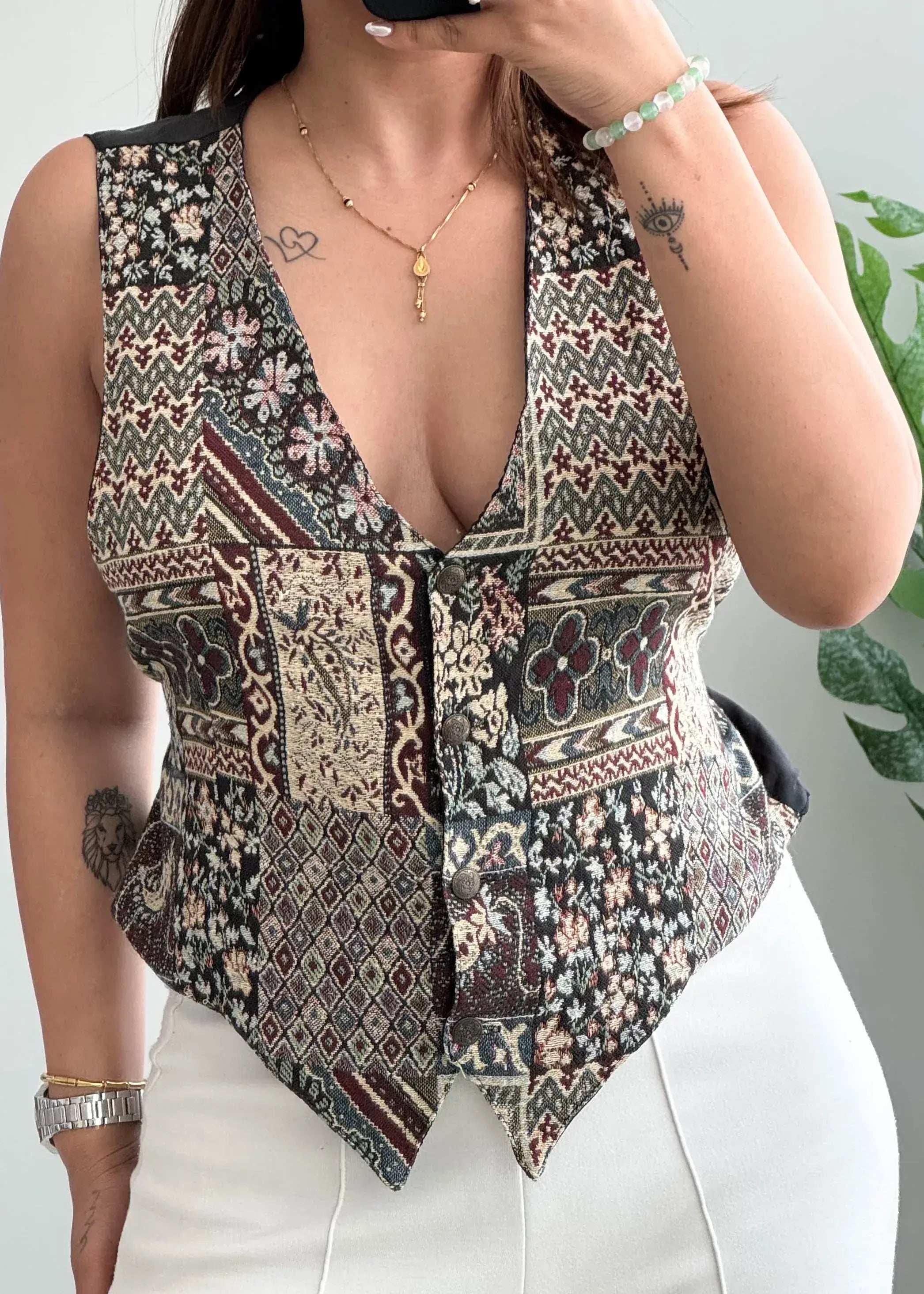 Size L, Vintage Patchwork Button Front Vest Top with adjustable back - Closet by Payal