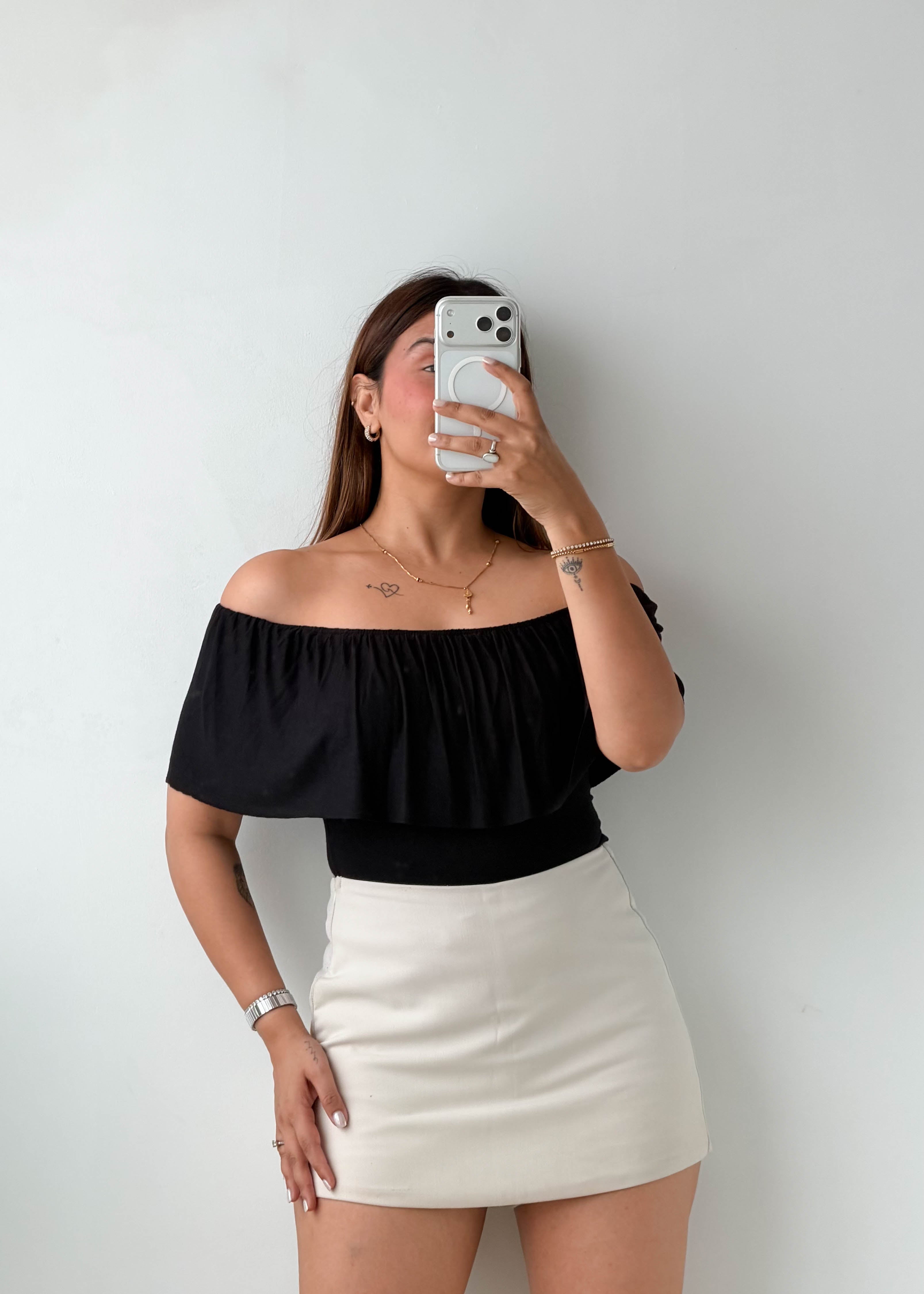 Size XS-M Black Off-Shoulder Ruffle Bodysuit