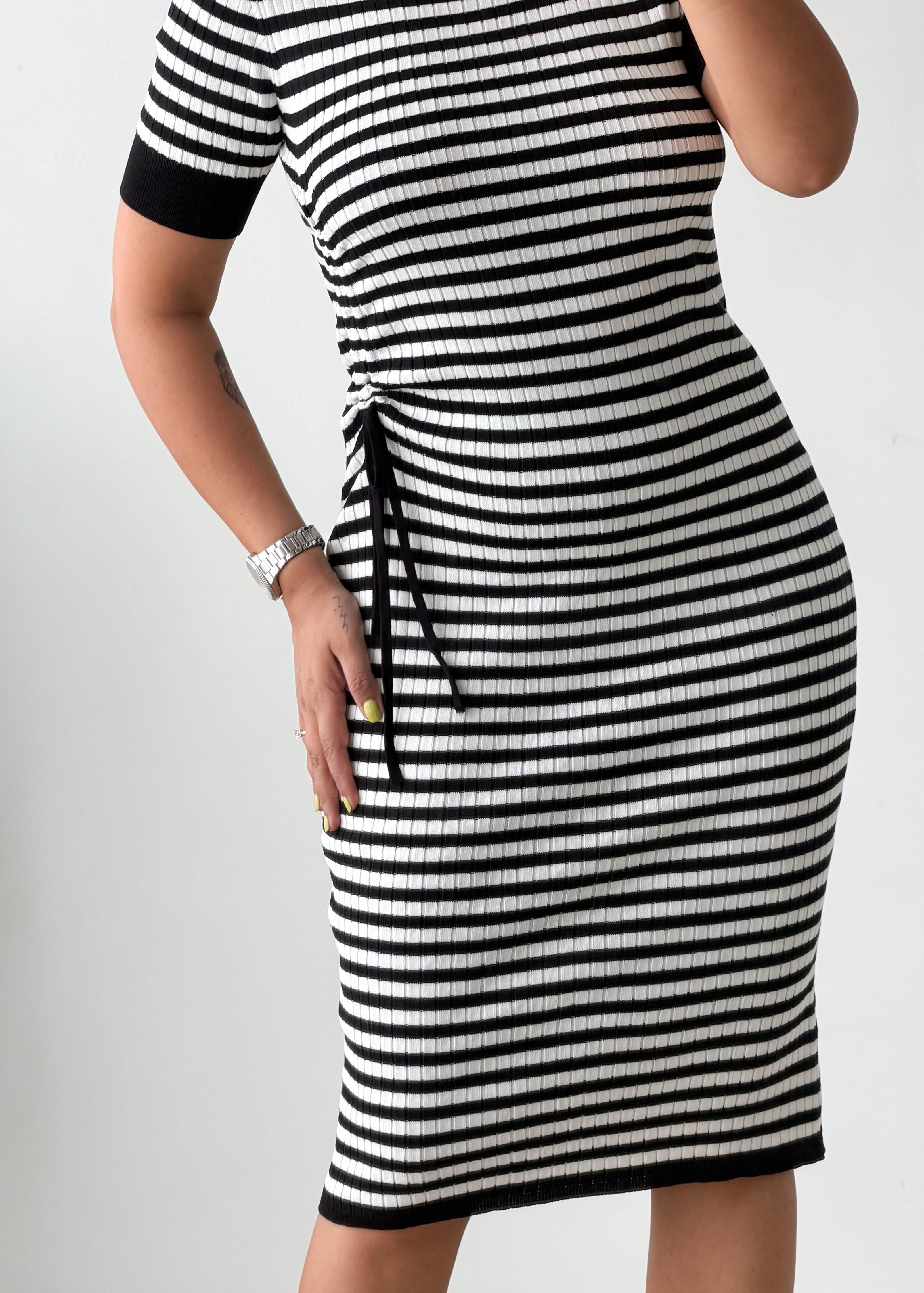 Size M-L Black & White Striped Knit Midi Dress