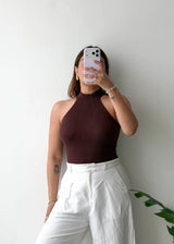 Size S-M, Brown Ribbed Halter Neck Sleeveless Bodysuit
