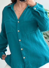 Size S-M, Teal Cotton Gauze Button Down Shirt for Women - Closet by Payal