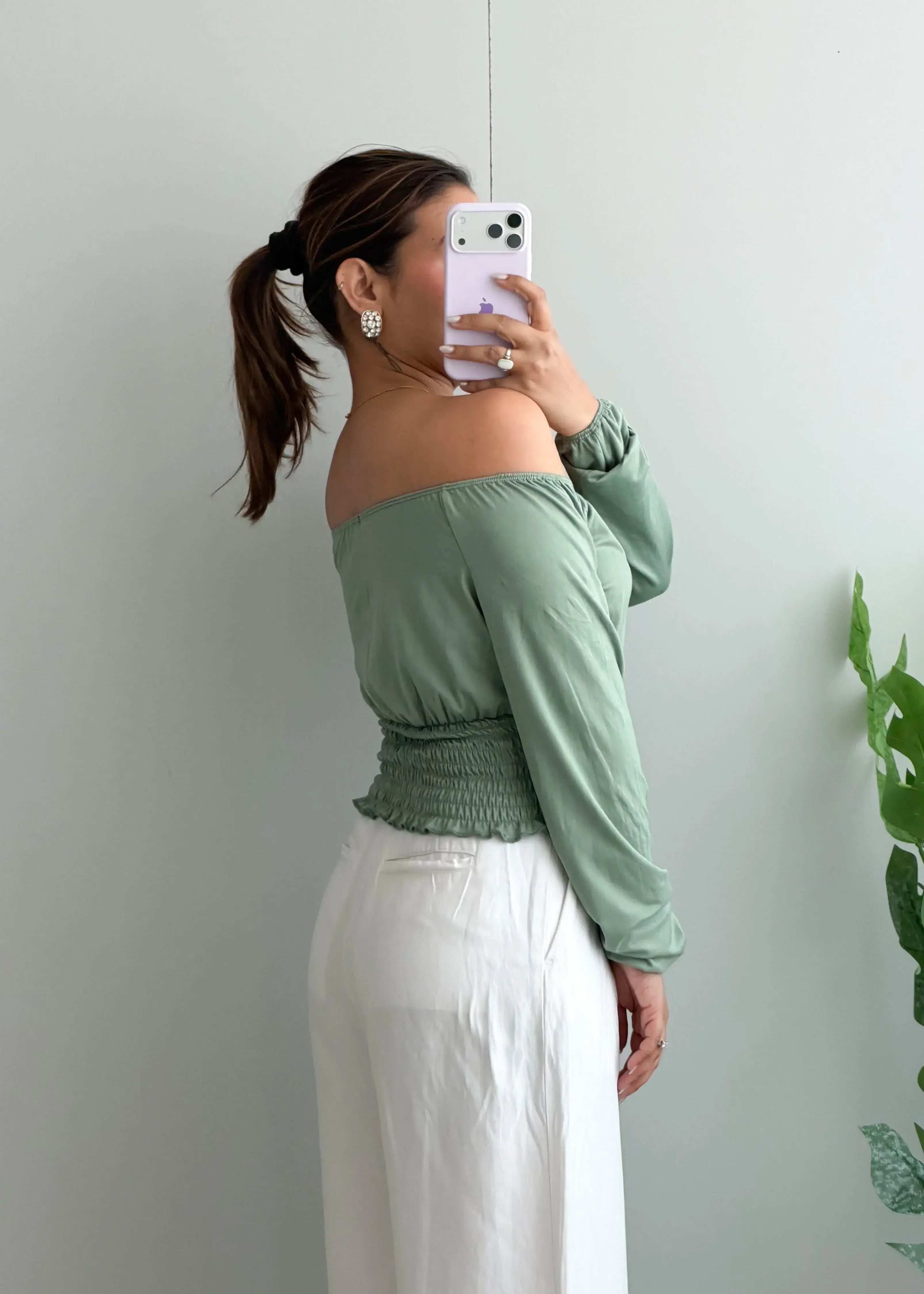 Size S-M, Sage Green Off-Shoulder Smocked Top - Closet by Payal