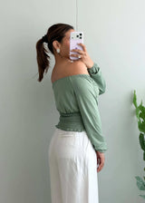 Size S-M, Sage Green Off-Shoulder Smocked Top - Closet by Payal