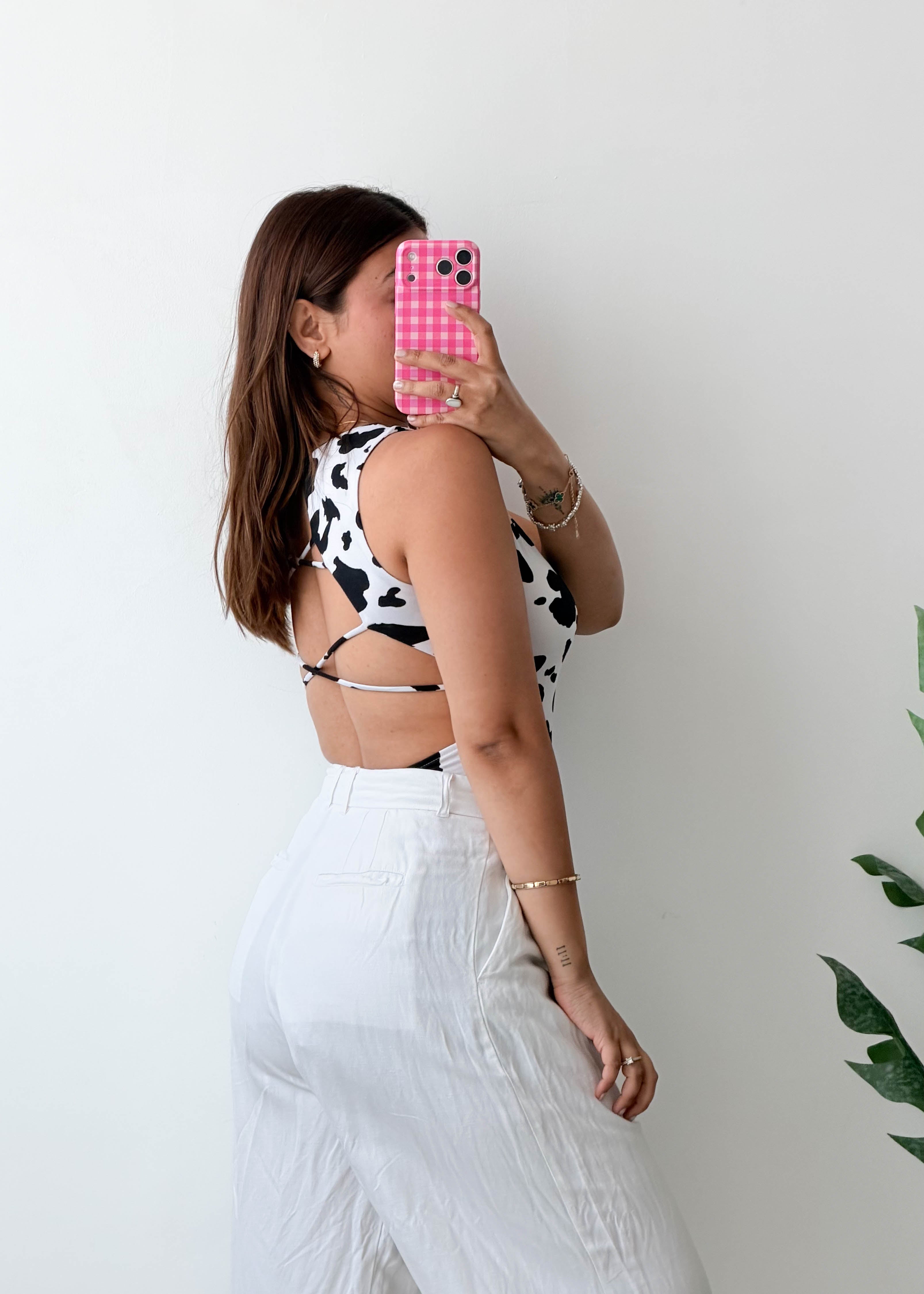 Size S-M Cow Print Open Back Bodysuit