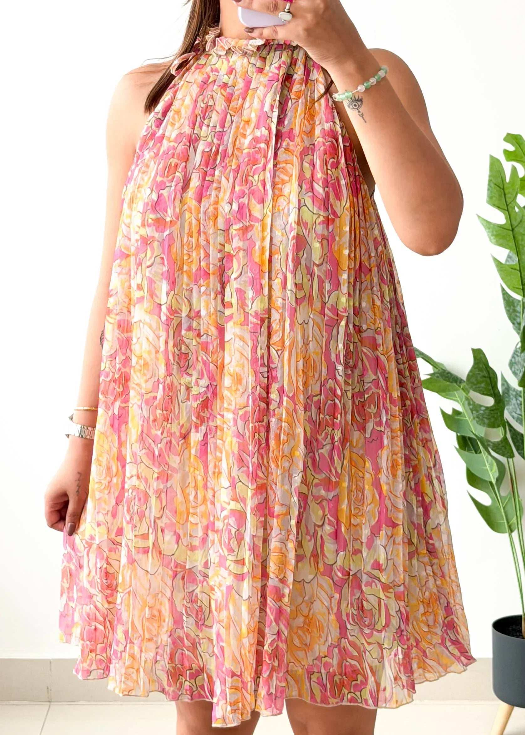 Size XS-S, Pink Floral Halter Mini Dress