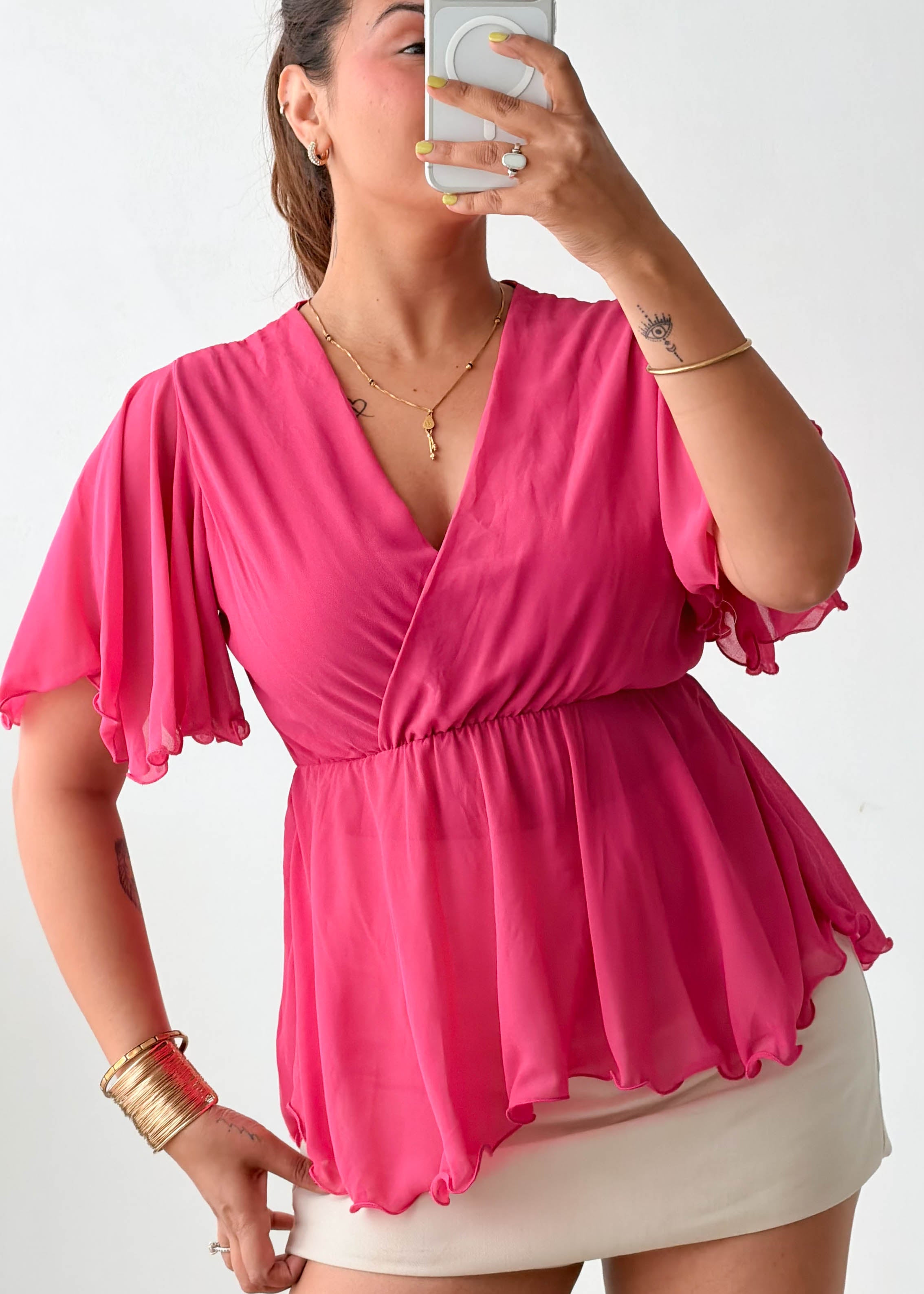 Size XS-S Pink Chiffon Wrap Peplum Top