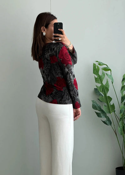 Size M-L, Red Rose Print Twist Front Top for Women - Closet by Payal