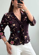 Size S-M, Brown Floral Ruffle Long Sleeve Top - Closet by Payal