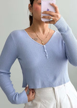 Size S-M, Light Blue Ribbed Long Sleeve Top - Closet by Payal