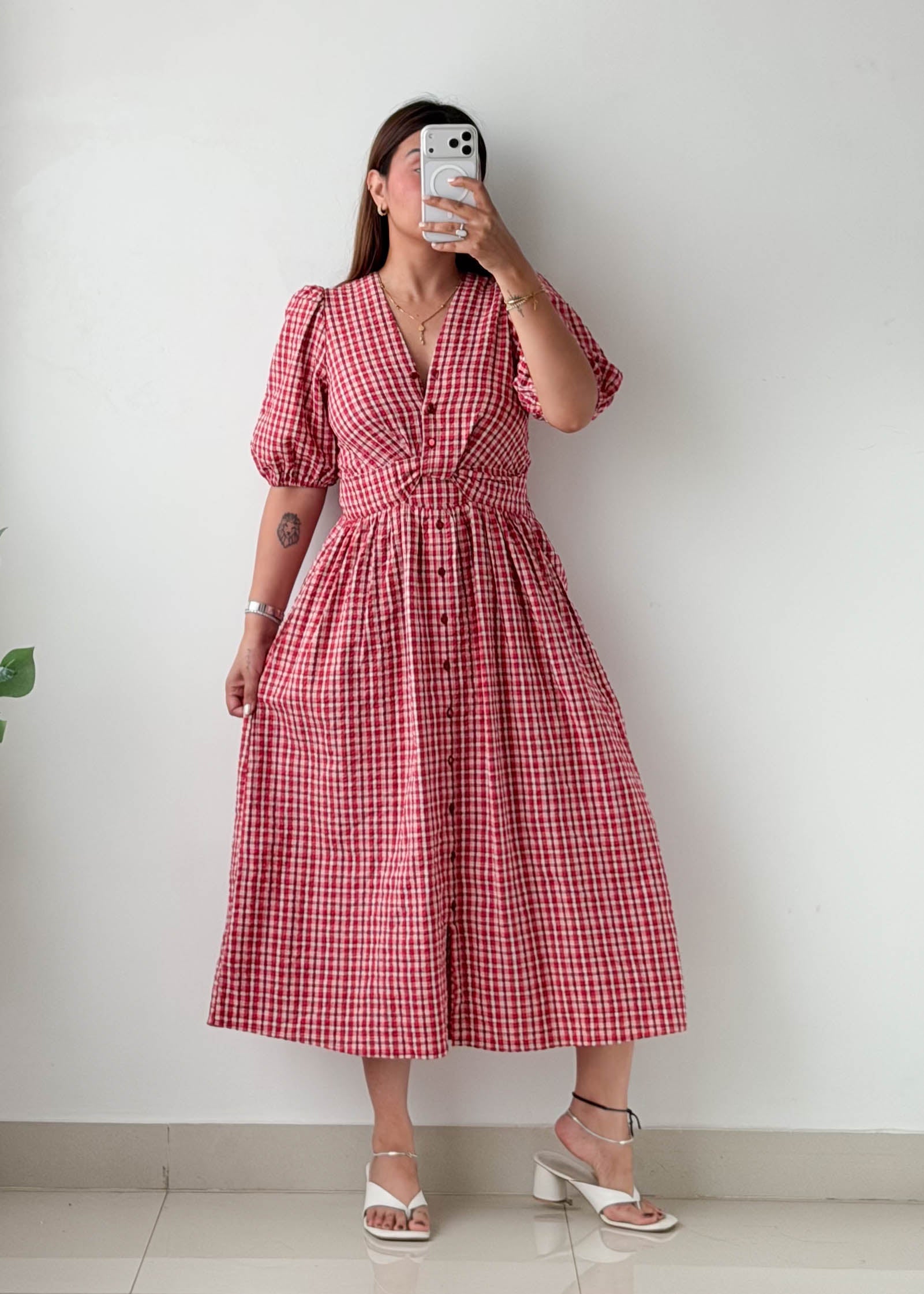 Size S-M Red Gingham Check Midi Dress