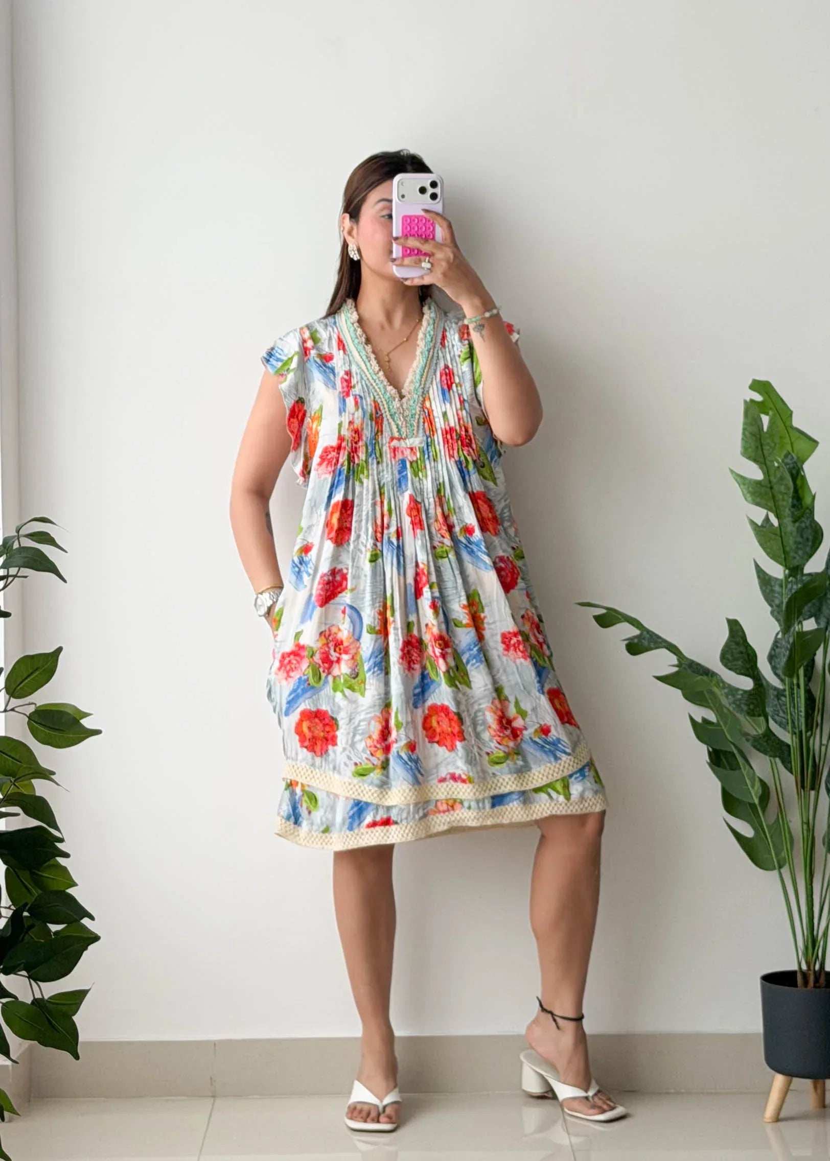 Size M-L, Floral Smocked Mini Dress