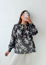 Size S-M Black Floral Sheer Blouse