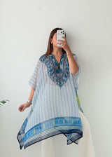 Free Size Blue Embroidered Kaftan Top