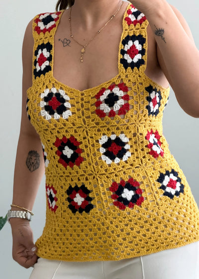 Size S-M, Mustard Crochet Patchwork Tank Top - Closet by Payal