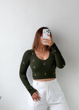 Size S-M Olive Embroidered Crop Top