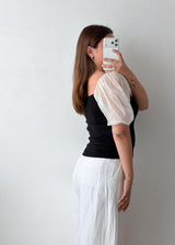 Size S-M Black Puff Sleeve Contrast Top