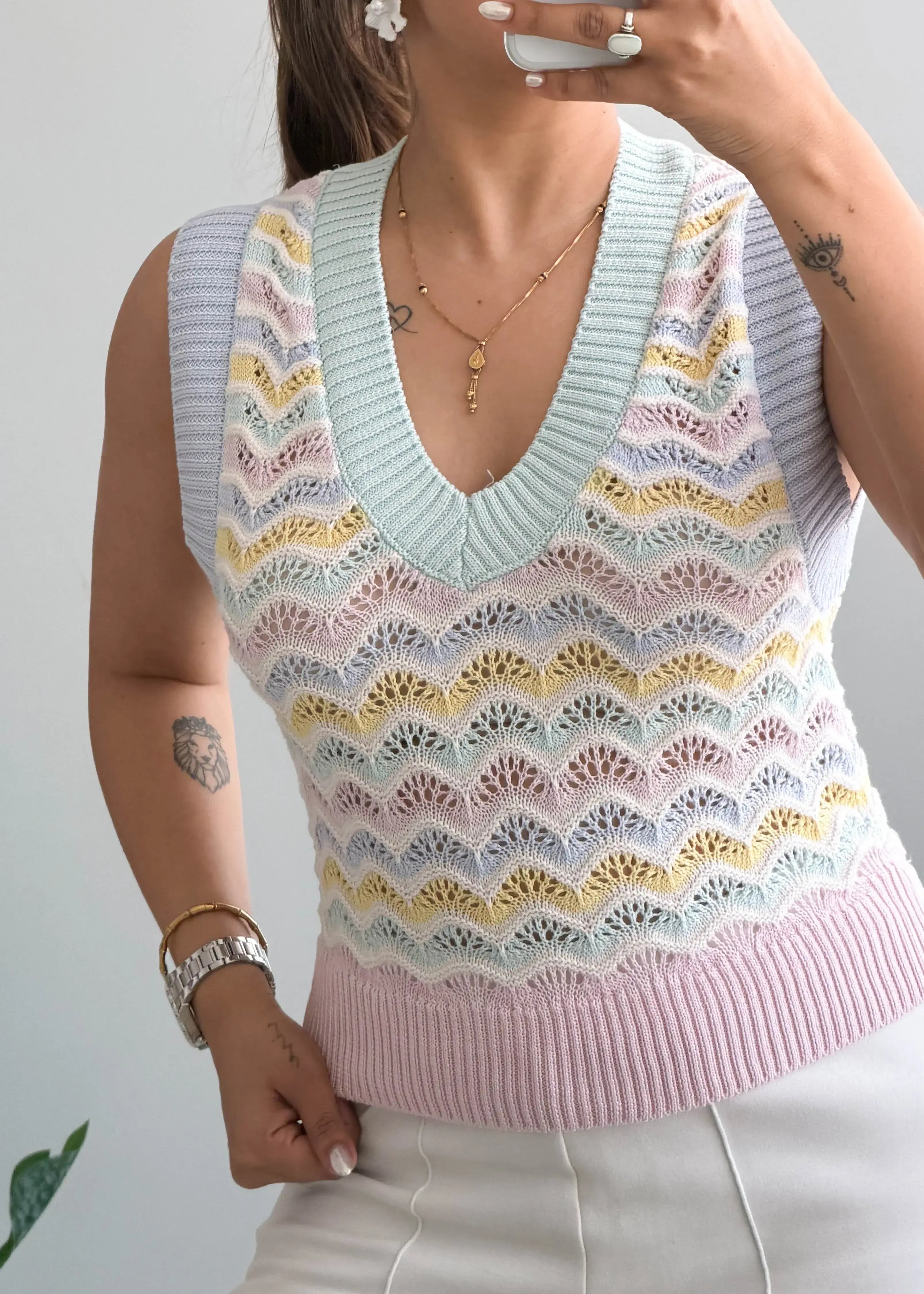 Size S-M, Pastel Chevron Crochet Tank Top - Closet by Payal