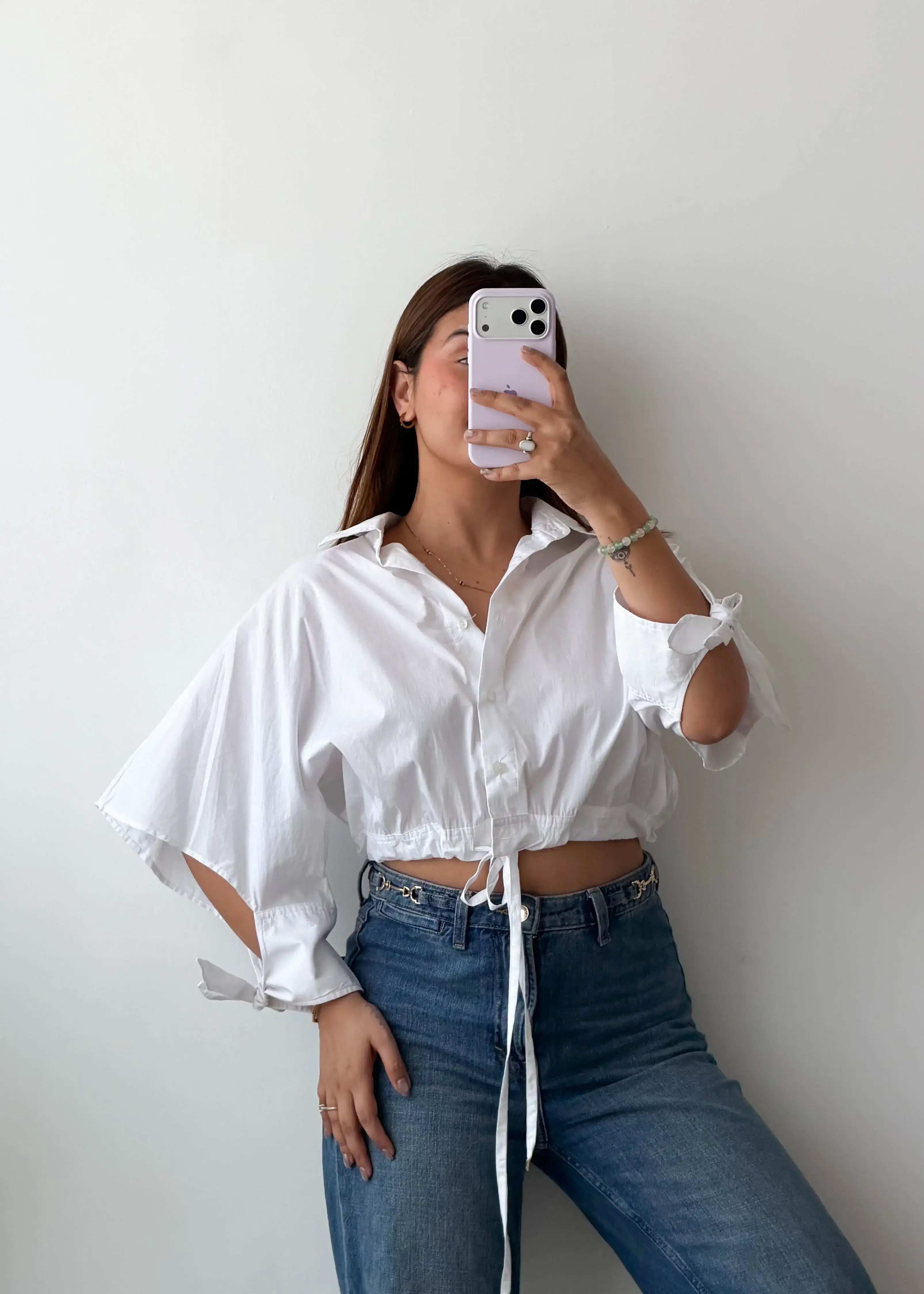 Size S-M White Tie-Up Crop Shirt