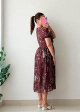 Size M-L Burgundy Floral Organza Midi Dress