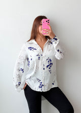 Size S-M White Blue Floral Shirt Top