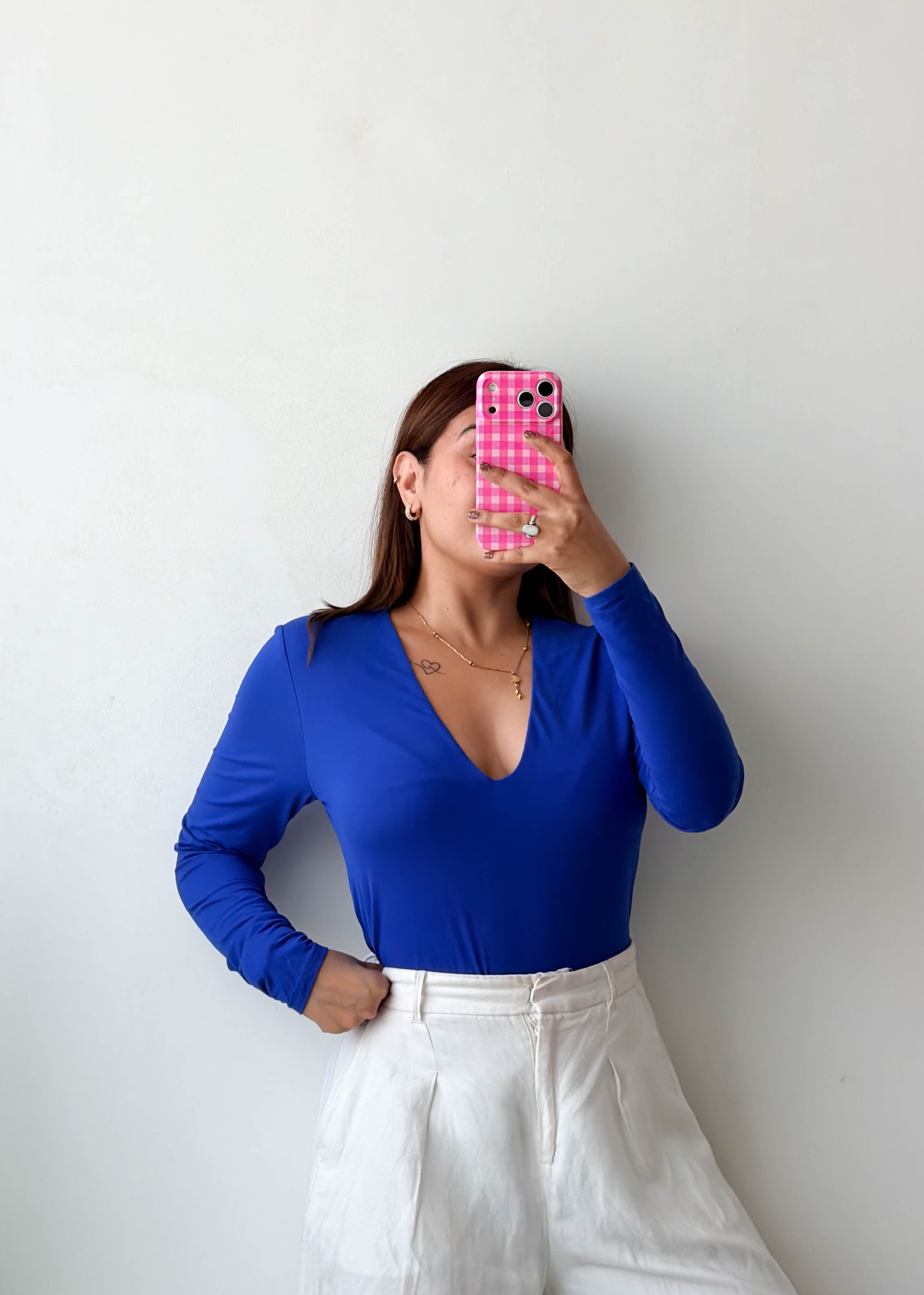 Size L-XL Royal Blue V-Neck Long Sleeve Bodysuit