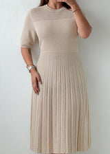 Size L-XL Beige Pleated Knit Midi Dress