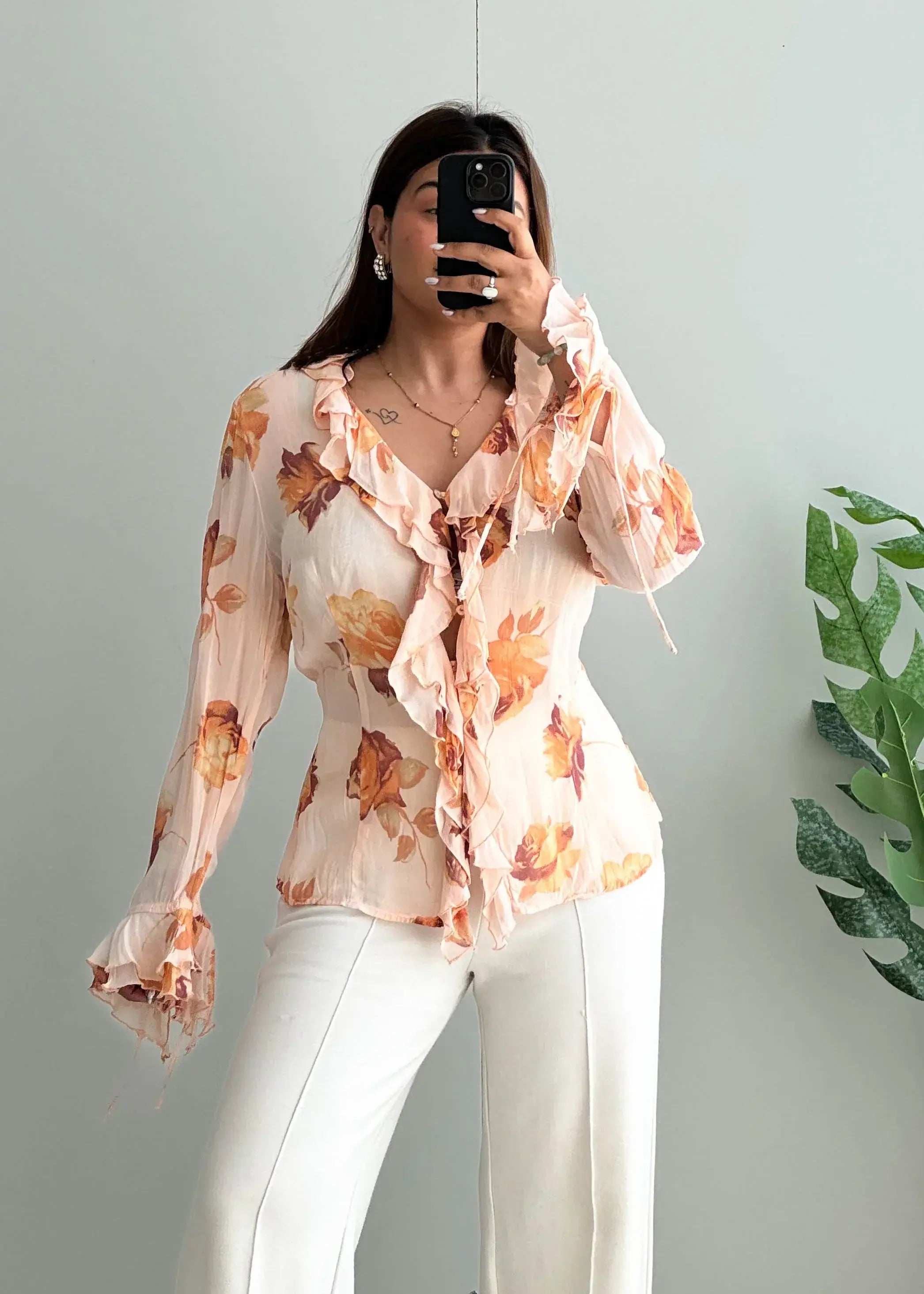 Size M-L, Peach Floral Ruffle Chiffon Top for Women - Closet by Payal