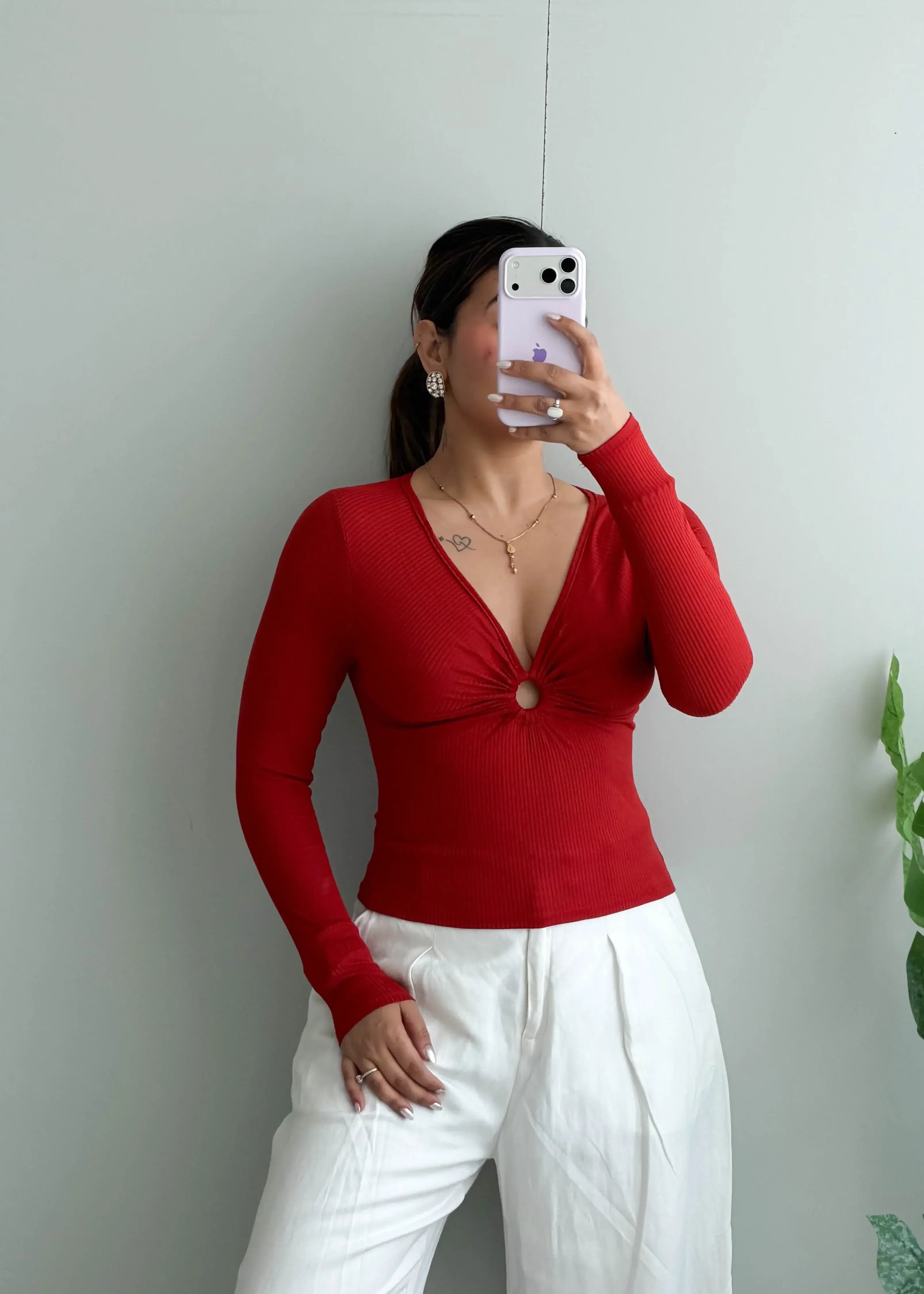 Size S-M, Red Ring Detail Ribbed Top - Closet by Payal