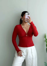 Size S-M, Red Ring Detail Ribbed Top - Closet by Payal