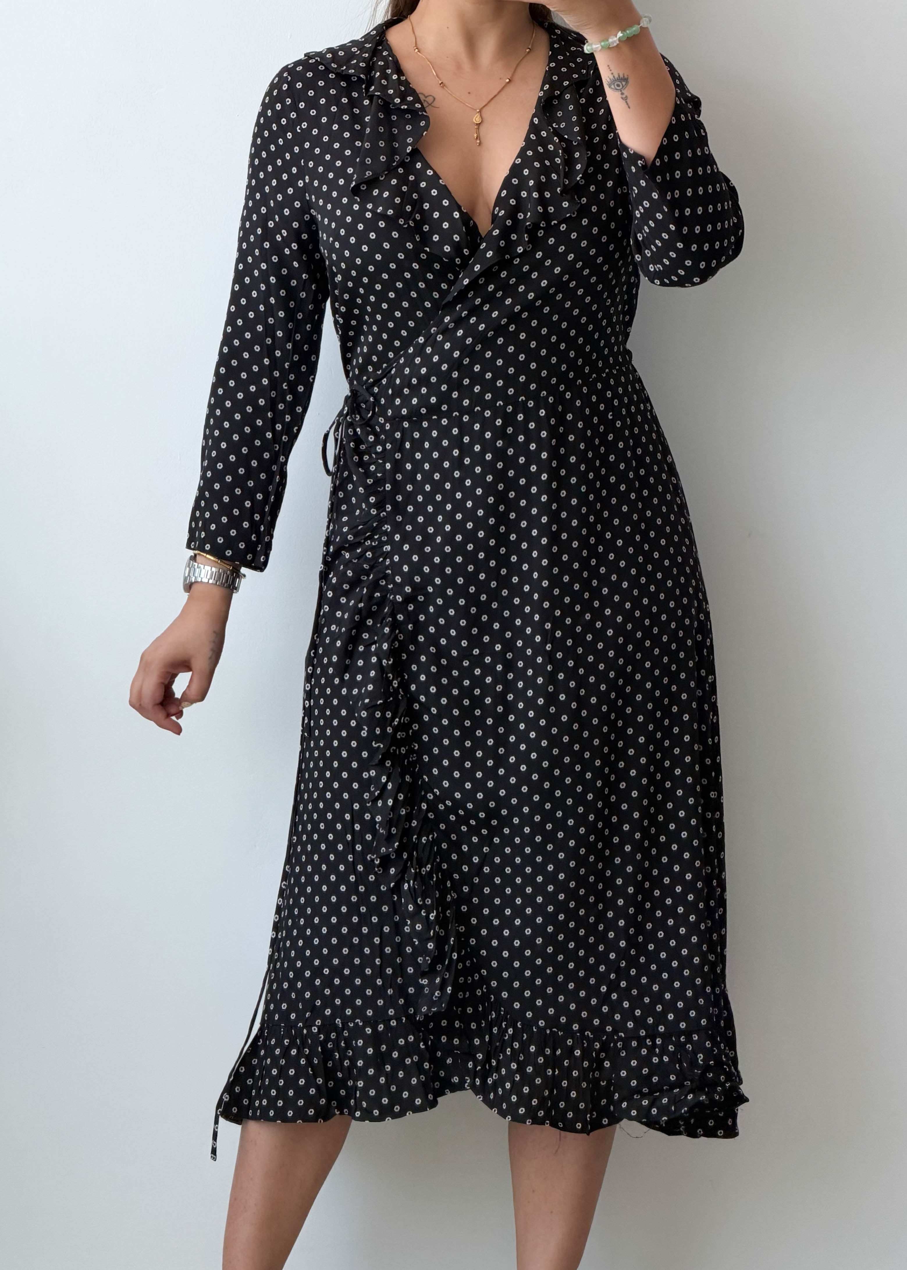 M-L Black White Polka Dot Wrap Dress