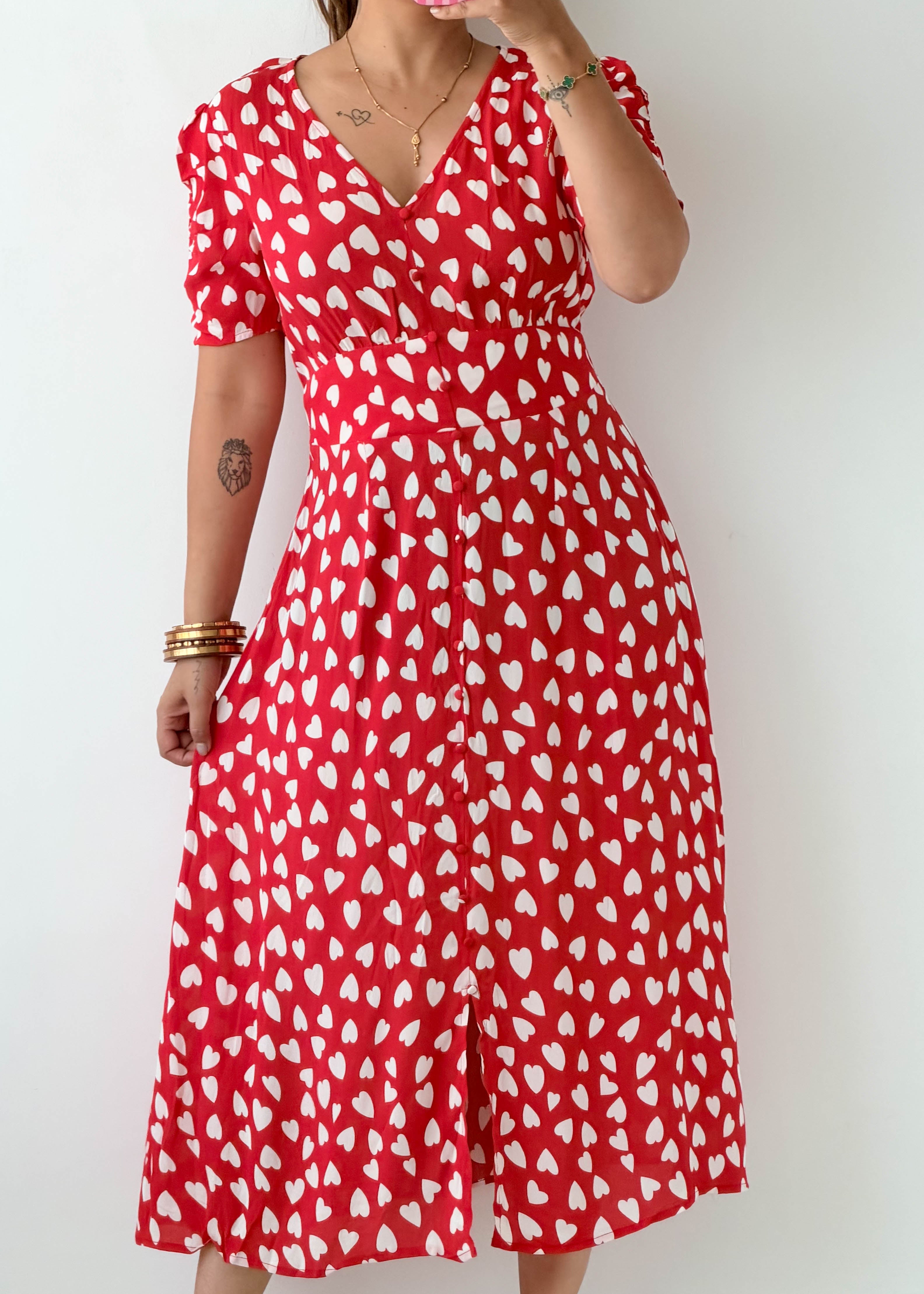 Size M-L Red Heart Print Midi Dress