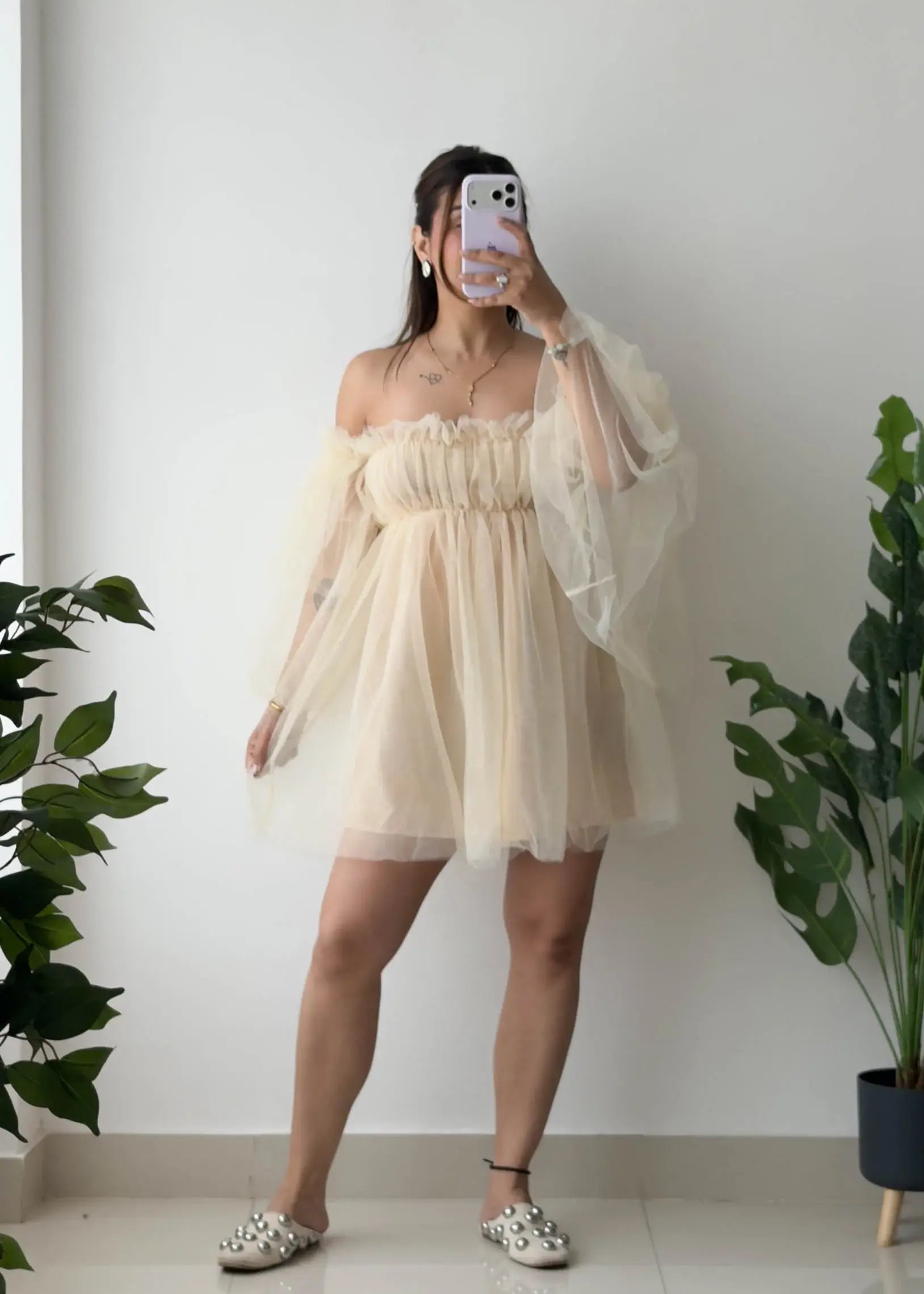 Size XS-S, Beige Tulle Off-Shoulder Dress