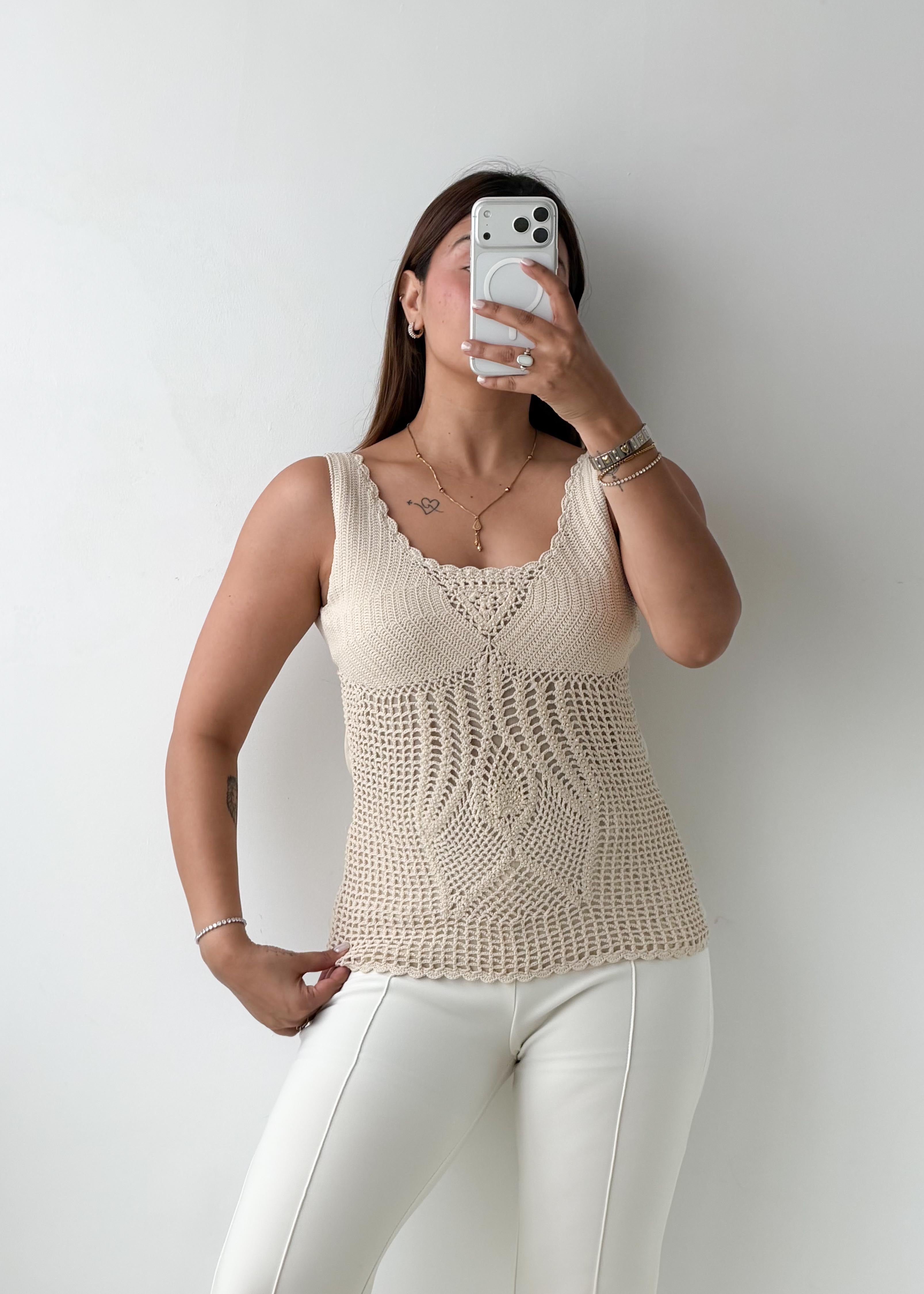 Size S-M Beige Crochet Knit Tank Top