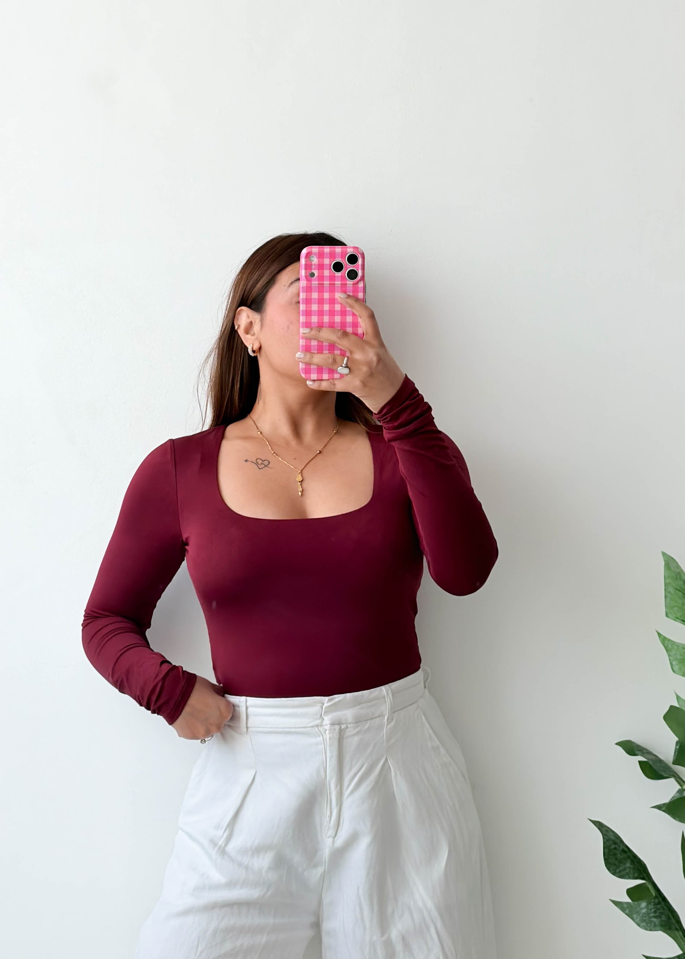Size S-M Burgundy Square Neck Bodysuit