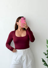 Size S-M Burgundy Square Neck Bodysuit