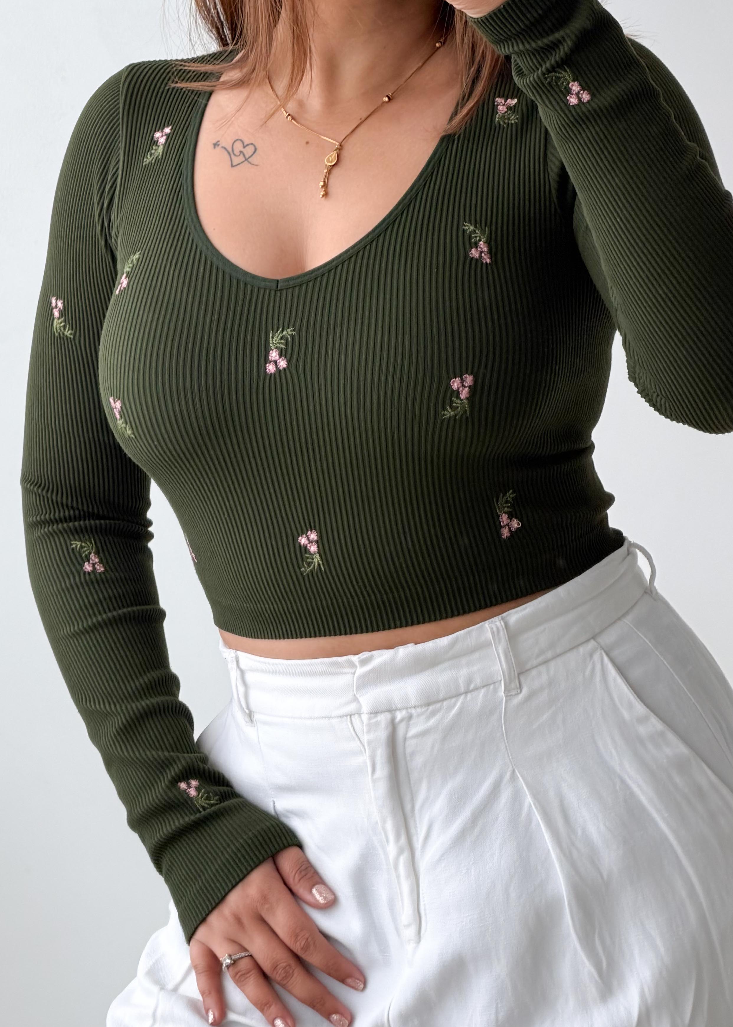 Size S-M Olive Embroidered Crop Top