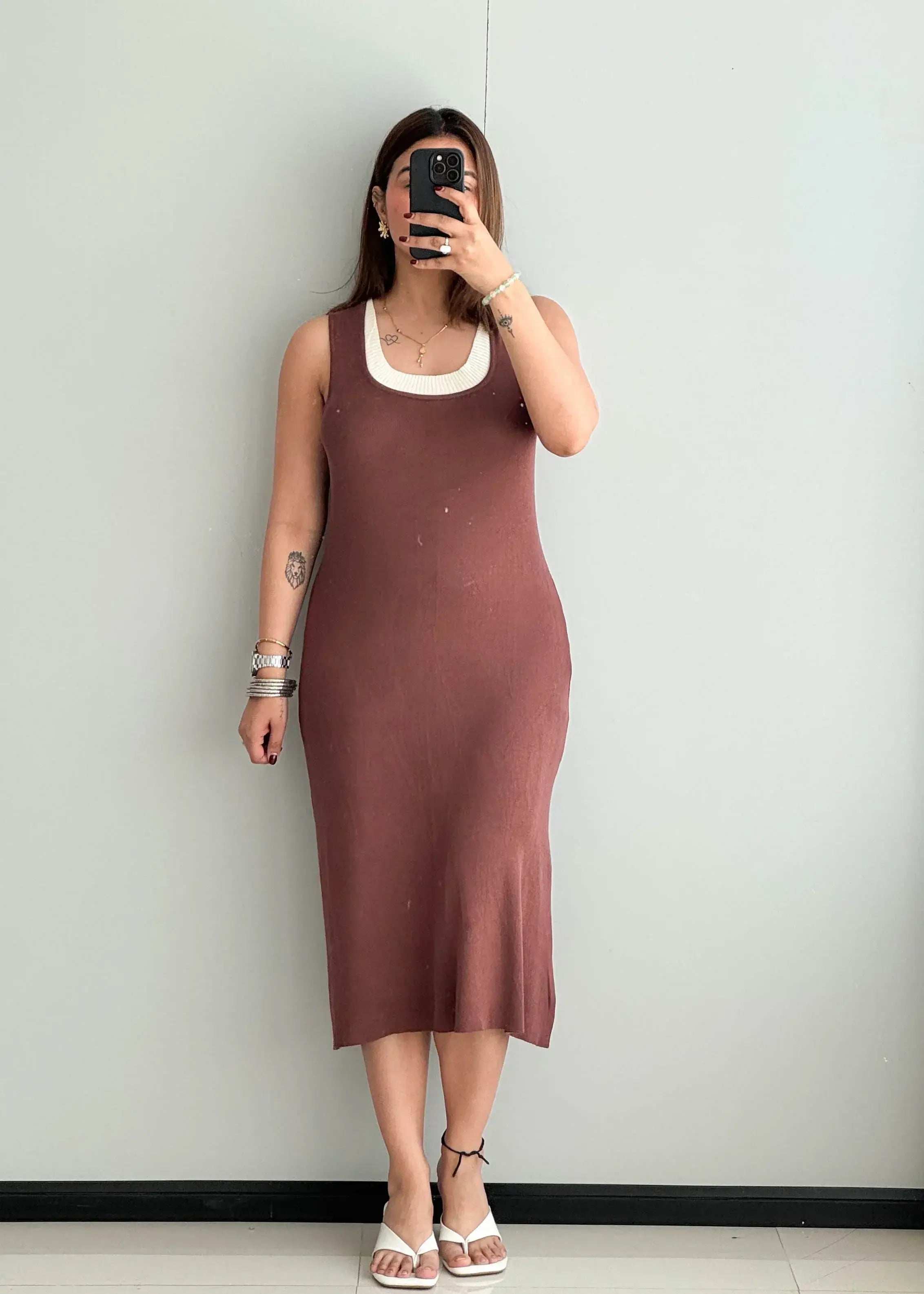 SIZE M-L, Brown Straight Fit Dress - Closet by Payal