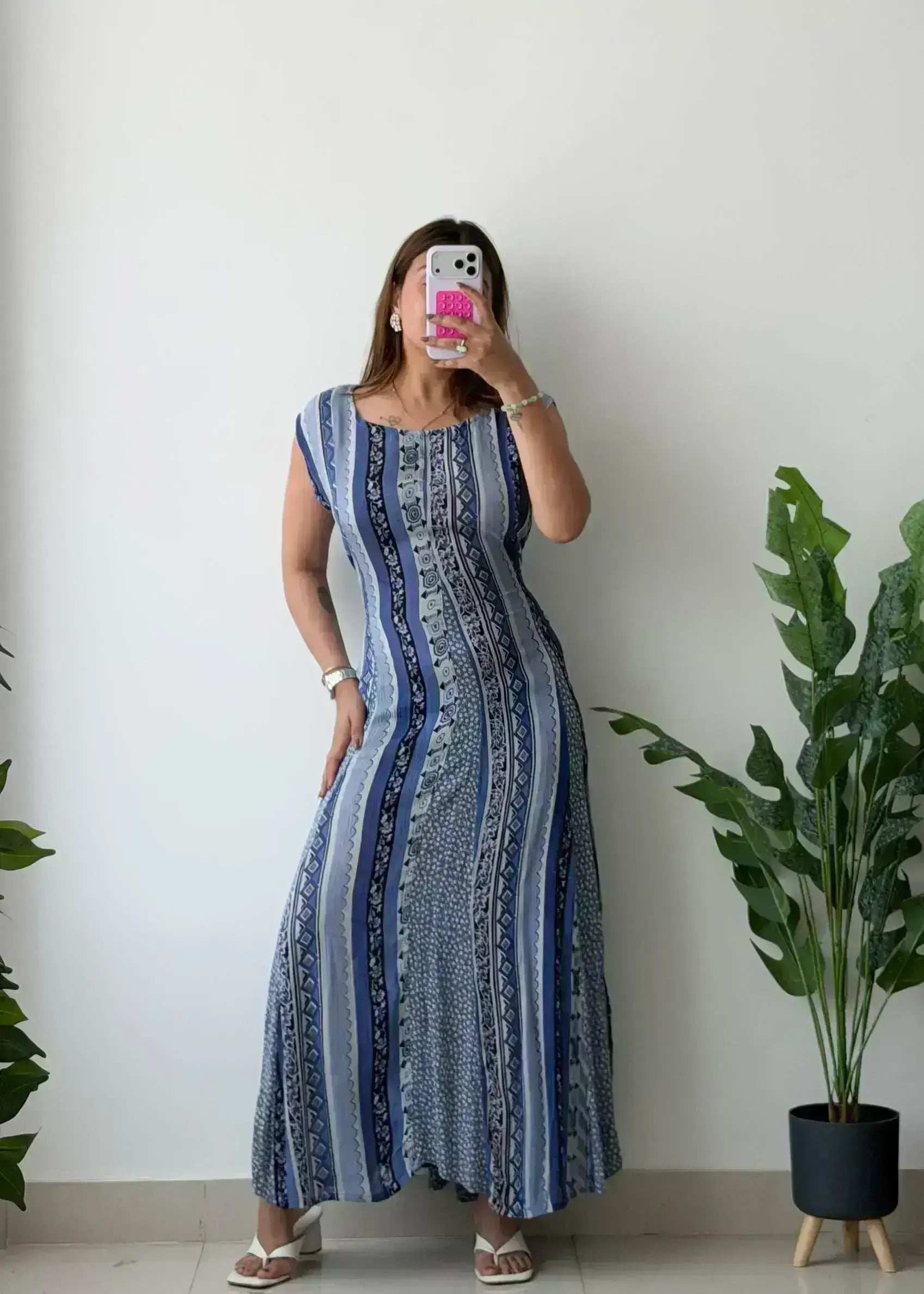 Size XL-2XL, Blue Ethnic Print Maxi Dress