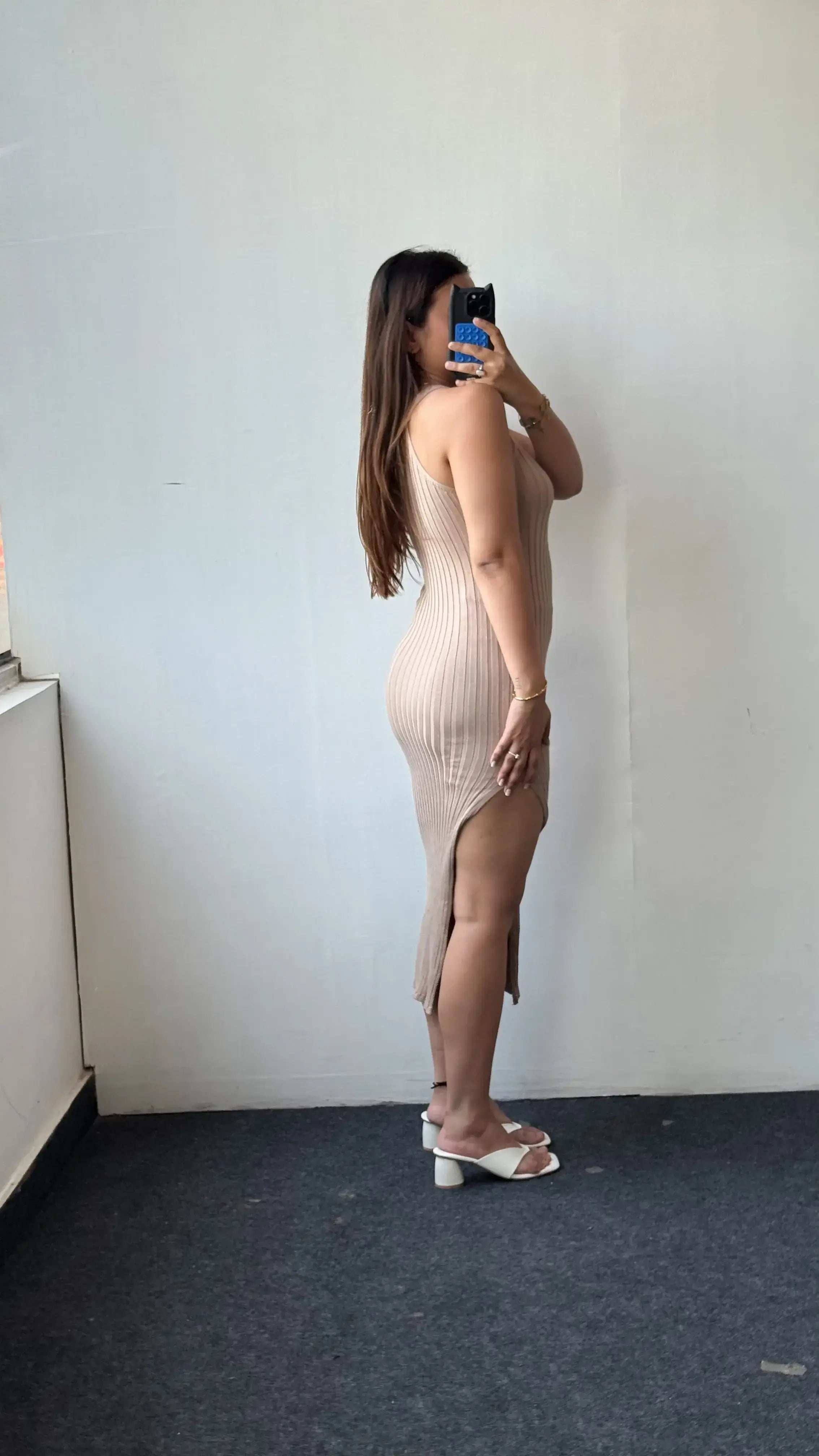 Size S-M, Taupe Halter Neck Ribbed Midi Dress