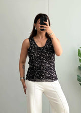 Size M-L, Y2K Black Floral Print Sleeveless Top - Closet by Payal