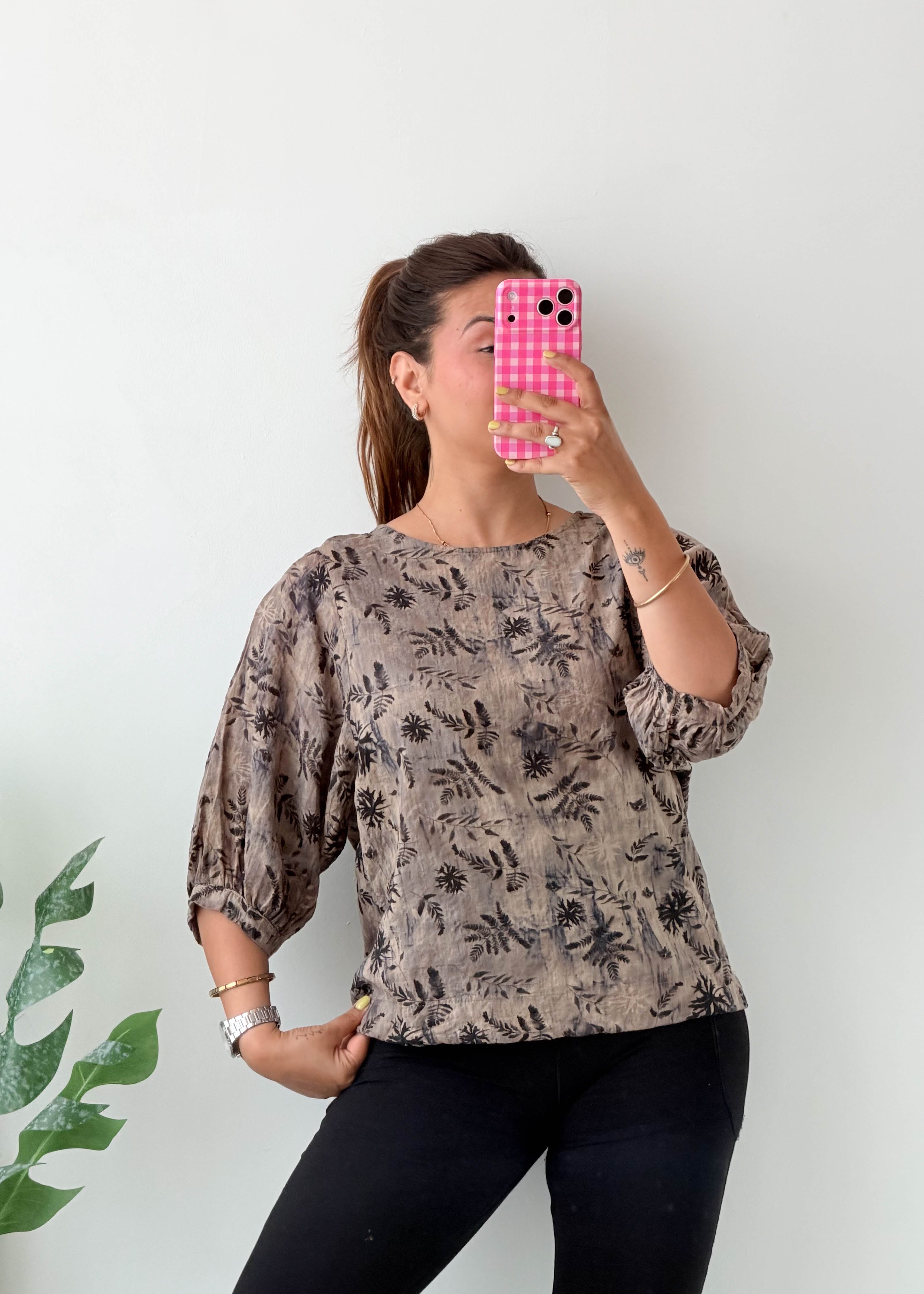 Size S-M Taupe Botanical Puff Sleeve Top