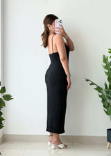 Size M-L, Black Spaghetti Strap Ribbed Midi Dress - Closet by Payal