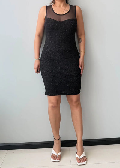Size M-L, Black Sheer Neck Bodycon Mini Dress - Closet by Payal