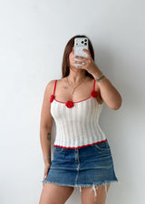 Size S-M White & Red Floral Crochet Knit Top