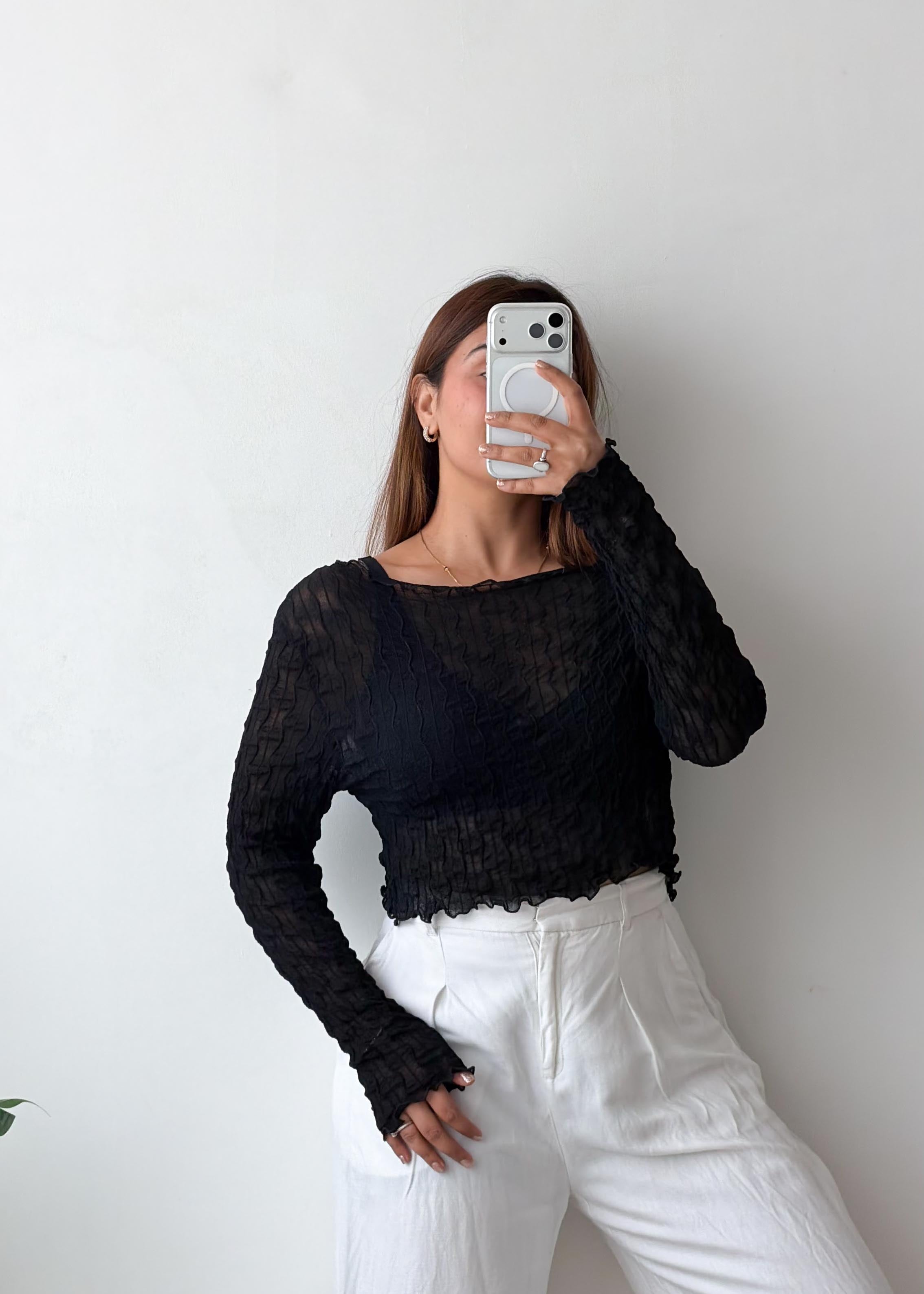 Size M-L Black Textured Mesh Top