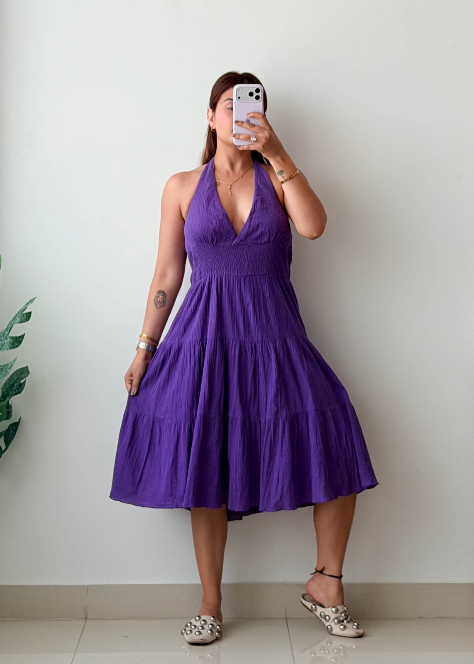 Size L-XL Purple Tiered Halter Midi Dress