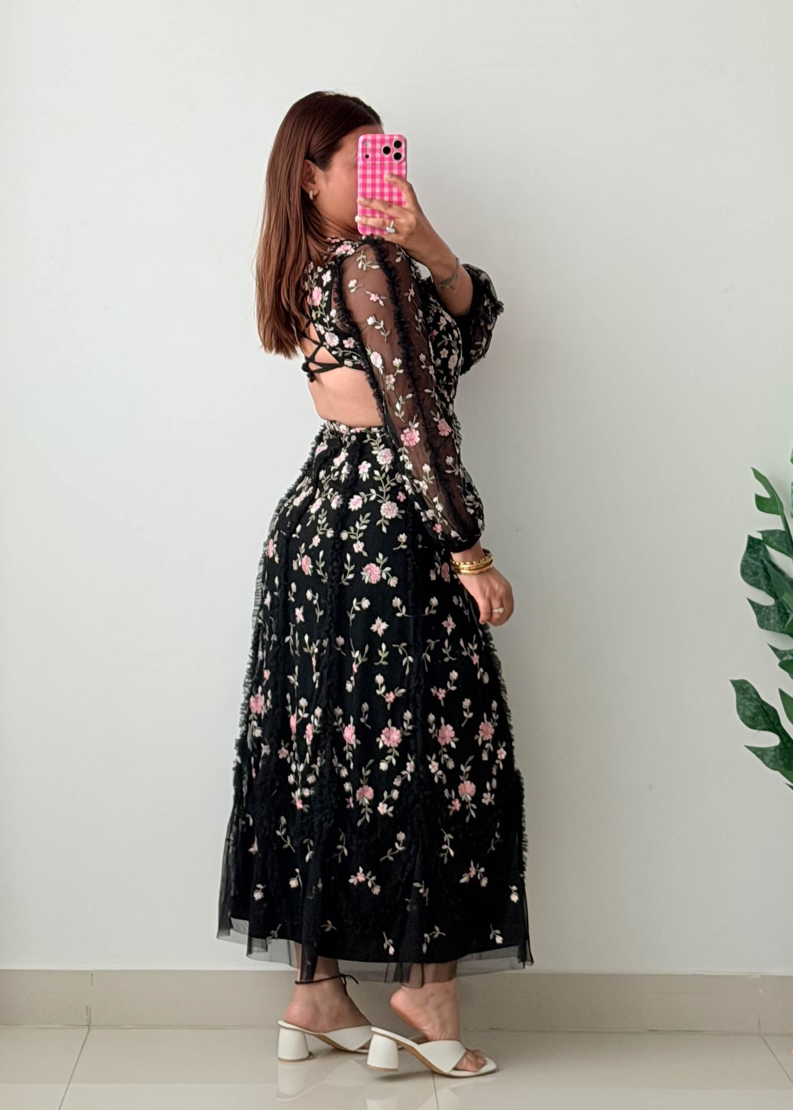 Size XS-S Black Floral Embroidered Midi Dress