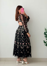 Size XS-S Black Floral Embroidered Midi Dress