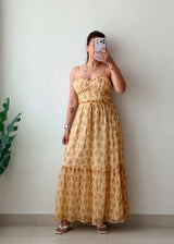 Size XS-S Yellow Floral Tiered Maxi Dress With Lining